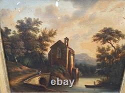 Antique painting signed. Animated Landscape. Oil on canvas in 19th century style.
