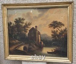Antique painting signed. Animated Landscape. Oil on canvas in 19th century style.