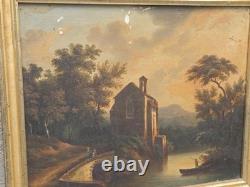 Antique painting signed. Animated Landscape. Oil on canvas in 19th century style.