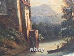 Antique painting signed. Animated Landscape. Oil on canvas in 19th century style.