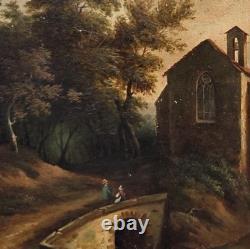 Antique painting signed. Animated Landscape. Oil on canvas in 19th century style.