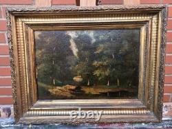 Antique signed painting. Woodland landscape. Oil painting on wooden panel