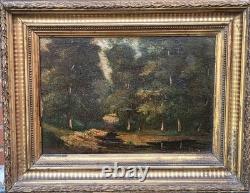 Antique signed painting. Woodland landscape. Oil painting on wooden panel