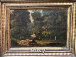 Antique signed painting. Woodland landscape. Oil painting on wooden panel
