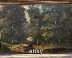 Antique signed painting. Woodland landscape. Oil painting on wooden panel