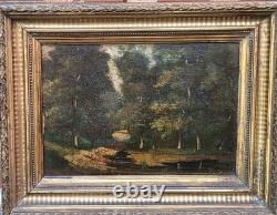 Antique signed painting. Woodland landscape. Oil painting on wooden panel