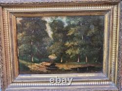 Antique signed painting. Woodland landscape. Oil painting on wooden panel