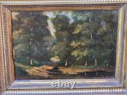 Antique signed painting. Woodland landscape. Oil painting on wooden panel