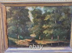 Antique signed painting. Woodland landscape. Oil painting on wooden panel