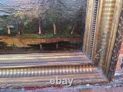 Antique signed painting. Woodland landscape. Oil painting on wooden panel