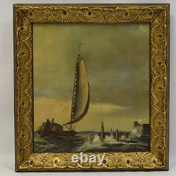 Around 1900-1930 Ancient Oil Painting Landscape With A Ship 56x52 CM