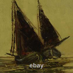 Around 1930-1950 Ancient Oil Painting On Canvas Ships At Sea 70x60 CM