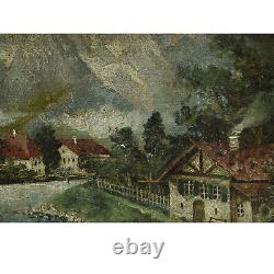 Around 1950 Ancient oil painting mountain landscape with town 34x28 cm