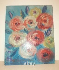 BEAUTIFUL OLD PAINTING OIL ON CARDBOARD BY Gustave BOURGOGNE ROSE BOUQUET