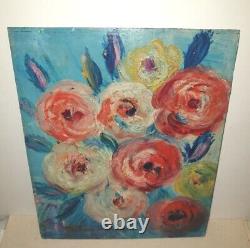 BEAUTIFUL OLD PAINTING OIL ON CARDBOARD BY Gustave BOURGOGNE ROSE BOUQUET