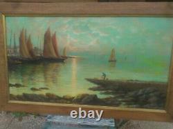 Barnier Galtier. XIX Grand Tableau Ancien Marine Port Character Dock Boat