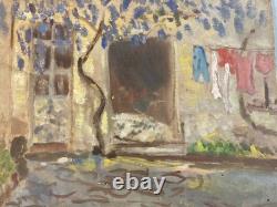 Beautiful 1950 Expressionist Oil Painting on Cardboard – Wisteria Landscape – Antique Art