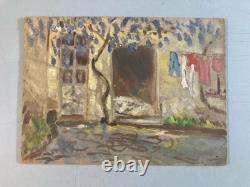 Beautiful 1950 Expressionist Oil Painting on Cardboard – Wisteria Landscape – Antique Art
