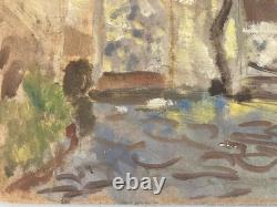 Beautiful 1950 Expressionist Oil Painting on Cardboard – Wisteria Landscape – Antique Art