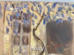 Beautiful 1950 Expressionist Oil Painting on Cardboard – Wisteria Landscape – Antique Art
