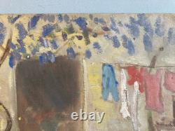 Beautiful 1950 Expressionist Oil Painting on Cardboard – Wisteria Landscape – Antique Art