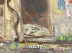 Beautiful 1950 Expressionist Oil Painting on Cardboard – Wisteria Landscape – Antique Art