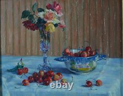 Beautiful Ancient Painting Ennemond Drevet Still Life Pink Cherries Table 19th Lyon