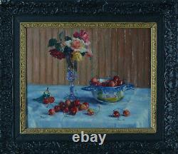 Beautiful Ancient Painting Ennemond Drevet Still Life Pink Cherries Table 19th Lyon