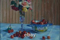 Beautiful Ancient Painting Ennemond Drevet Still Life Pink Cherries Table 19th Lyon