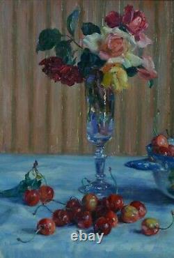 Beautiful Ancient Painting Ennemond Drevet Still Life Pink Cherries Table 19th Lyon