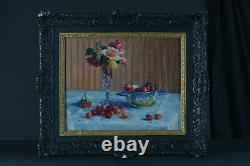 Beautiful Ancient Painting Ennemond Drevet Still Life Pink Cherries Table 19th Lyon