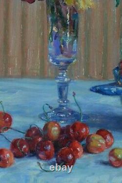 Beautiful Ancient Painting Ennemond Drevet Still Life Pink Cherries Table 19th Lyon