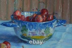 Beautiful Ancient Painting Ennemond Drevet Still Life Pink Cherries Table 19th Lyon