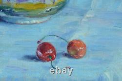 Beautiful Ancient Painting Ennemond Drevet Still Life Pink Cherries Table 19th Lyon