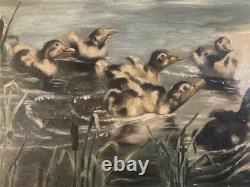 Beautiful Oil Painting on Canvas Duck Lake Animal Animals Nature 1920 Antique Art