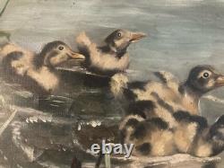 Beautiful Oil Painting on Canvas Duck Lake Animal Animals Nature 1920 Antique Art