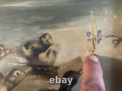 Beautiful Oil Painting on Canvas Duck Lake Animal Animals Nature 1920 Antique Art
