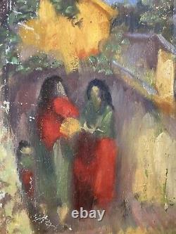Beautiful Oil Painting on Canvas Woman in Provence 1950 Antique Art Signed 20th Century