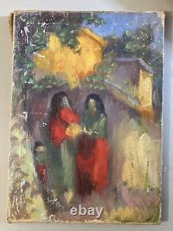 Beautiful Oil Painting on Canvas Woman in Provence 1950 Antique Art Signed 20th Century