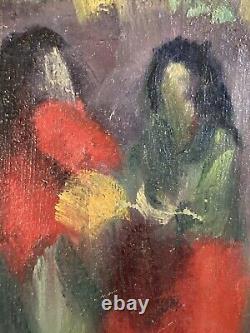 Beautiful Oil Painting on Canvas Woman in Provence 1950 Antique Art Signed 20th Century