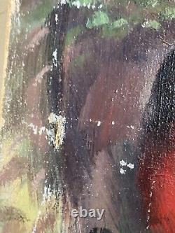 Beautiful Oil Painting on Canvas Woman in Provence 1950 Antique Art Signed 20th Century