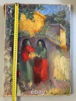 Beautiful Oil Painting on Canvas Woman in Provence 1950 Antique Art Signed 20th Century