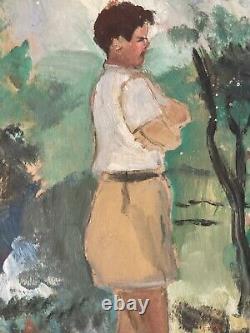 Beautiful Oil Painting on Cardboard 1950 Post-Impressionist Portrait Antique Art