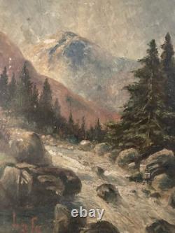 Beautiful Oil Painting on Cardboard, River Mountain, Post-Impressionist Antique Art
