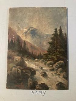 Beautiful Oil Painting on Cardboard, River Mountain, Post-Impressionist Antique Art