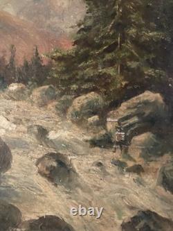 Beautiful Oil Painting on Cardboard, River Mountain, Post-Impressionist Antique Art