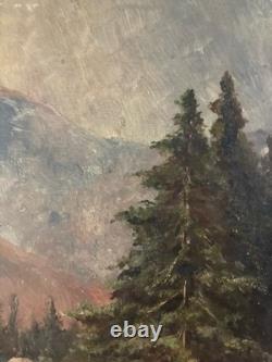 Beautiful Oil Painting on Cardboard, River Mountain, Post-Impressionist Antique Art