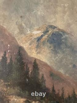 Beautiful Oil Painting on Cardboard, River Mountain, Post-Impressionist Antique Art