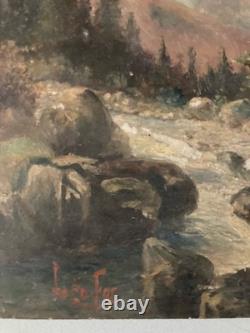 Beautiful Oil Painting on Cardboard, River Mountain, Post-Impressionist Antique Art