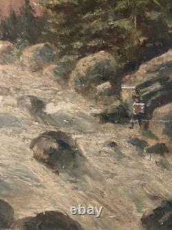 Beautiful Oil Painting on Cardboard, River Mountain, Post-Impressionist Antique Art